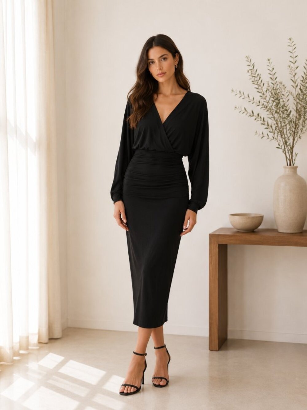 Marciano Black Ruched Midi Dress Batwing Sleeve Bodycon XS 0298
